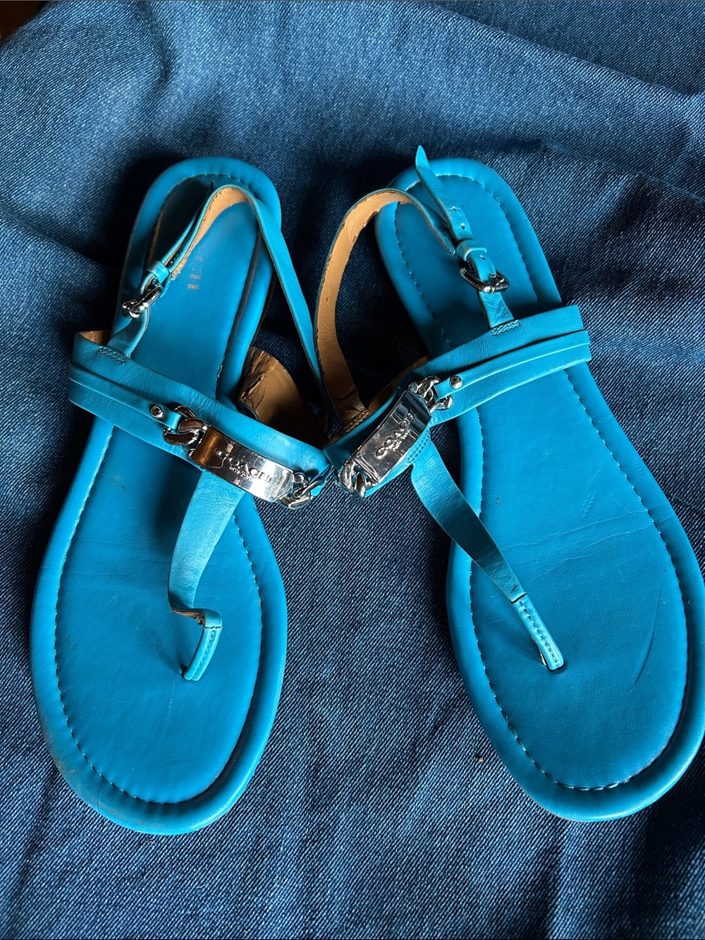 Coach Women's Turquoise Blue T-Strap Sandals